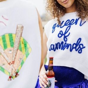 QOS Queen of Diamonds - Royal Blue Baseball Diamond Sweater Size XS Never Worn